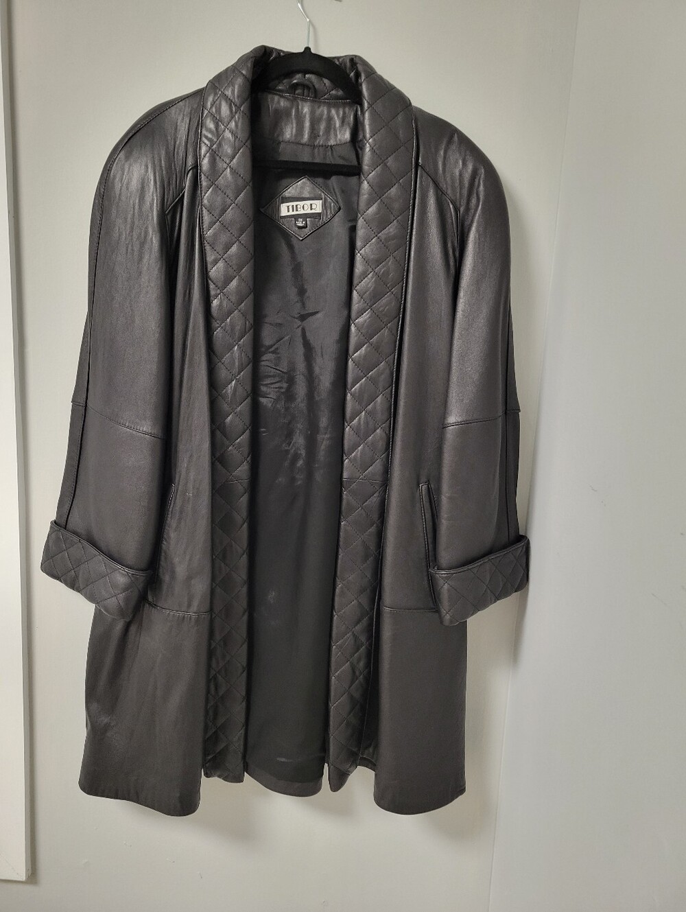 Tibor Genuine Leather Jacket Coat 1X Black Quilted Collar Open Front Swing